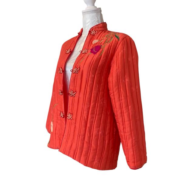 Retro Salmon Pink Embroidered Floral Satin Silk Kimono Puffy Jacket Size Small - Picture 16 of 16